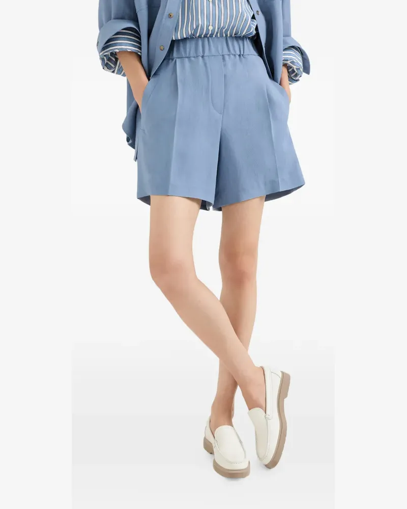 Brunello Cucinelli Women's Viscose And Linen Fluid Twill Baggy Shorts Ss26 W Blue
