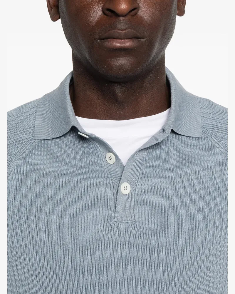 Brunello Cucinelli Men's Ribbed Long-Sleeve Polo Shirt Ss26 M Blue