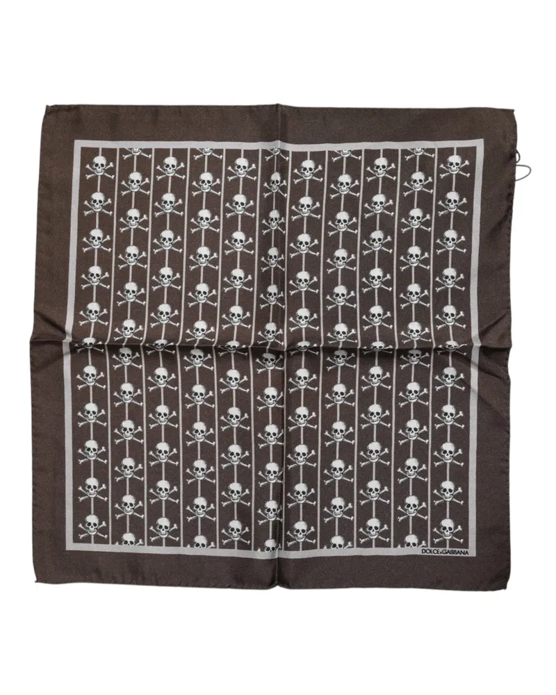 Dolce & Gabbana Brown Skull Silk Square Men Foulard Scarf Brown