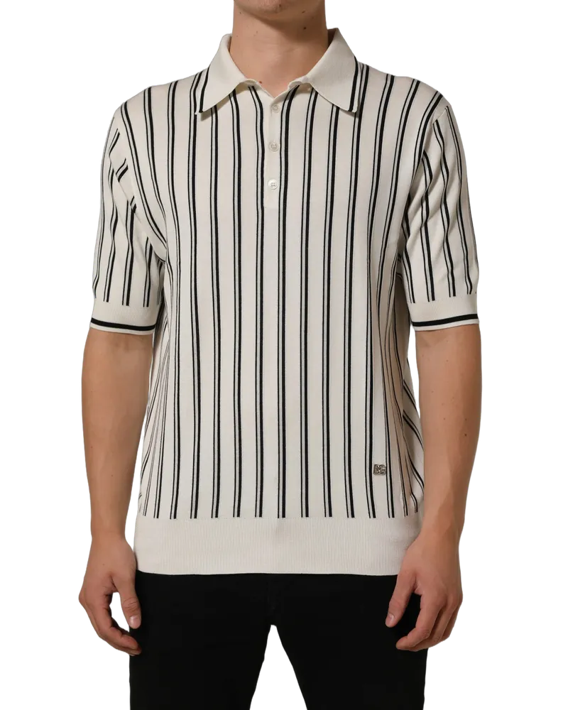 Dolce & Gabbana Men's White Black Stripe Collared Polo T-Shirt And Silk White