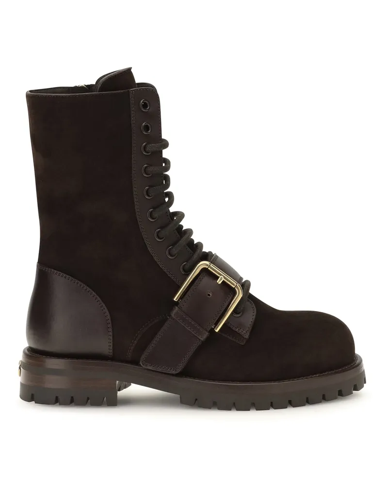 Dolce & Gabbana Buckle Leather and Suede Combat Boot — Brown Brown