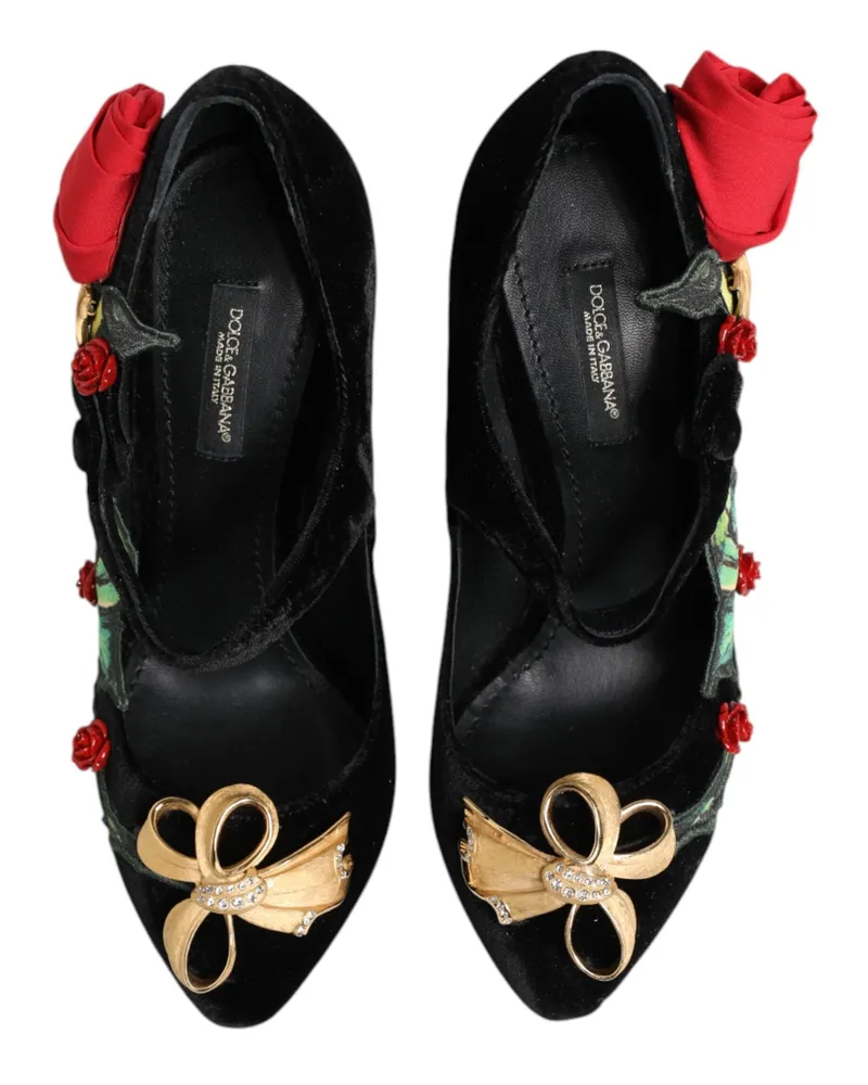 Dolce & Gabbana Women's Black Roses Crystal Brooch Mary Jane Shoes Rayon Silk Black