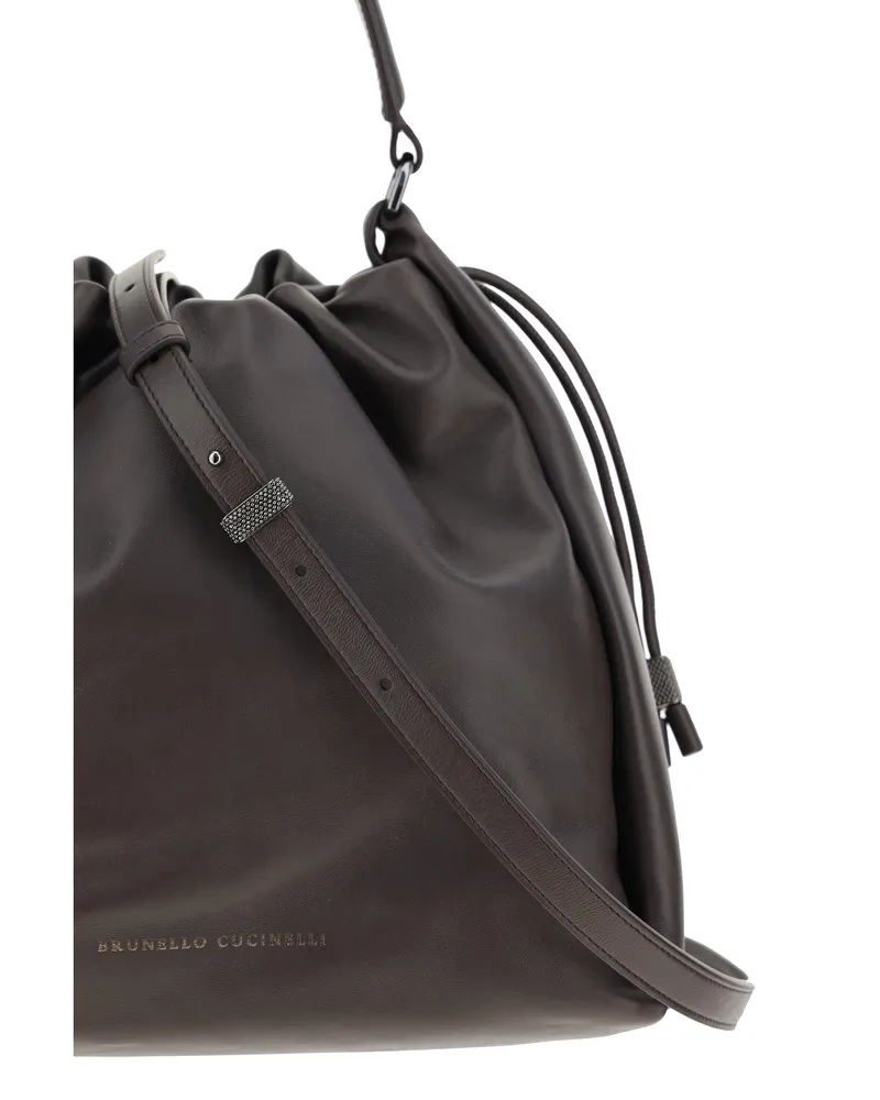 Brunello Cucinelli Women's Leather Shoulder Bag With Drawstring Closure Testa Moro Calf Bos Taurus Brown