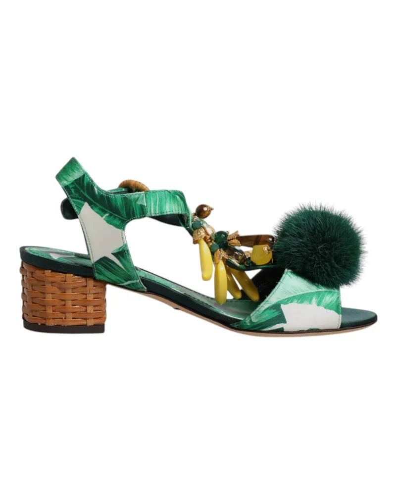 Dolce & Gabbana Women's Green Crystal Fur Embellished Sandals Shoes Silk Hay Mink Green