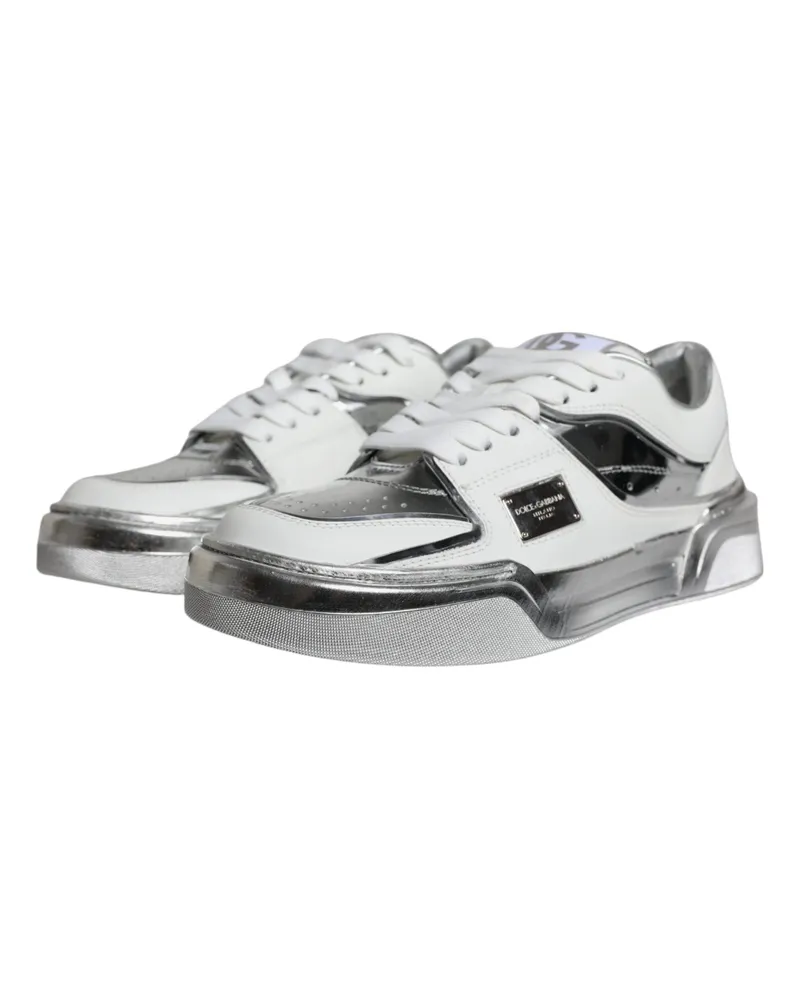 Dolce & Gabbana Women's White Silver Leather Low Top Sneakers Shoes White