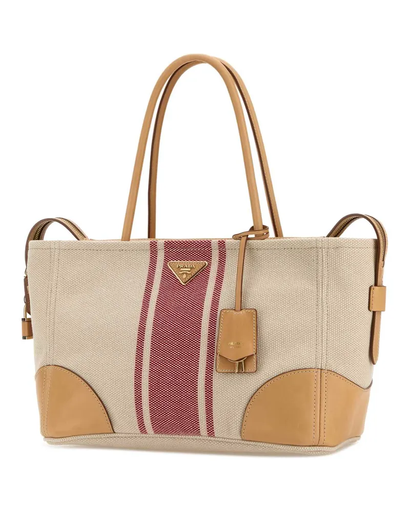 Prada Women's Sand Canvas Large Shopping Bag Naturale+rosso Borse A Mano Beige