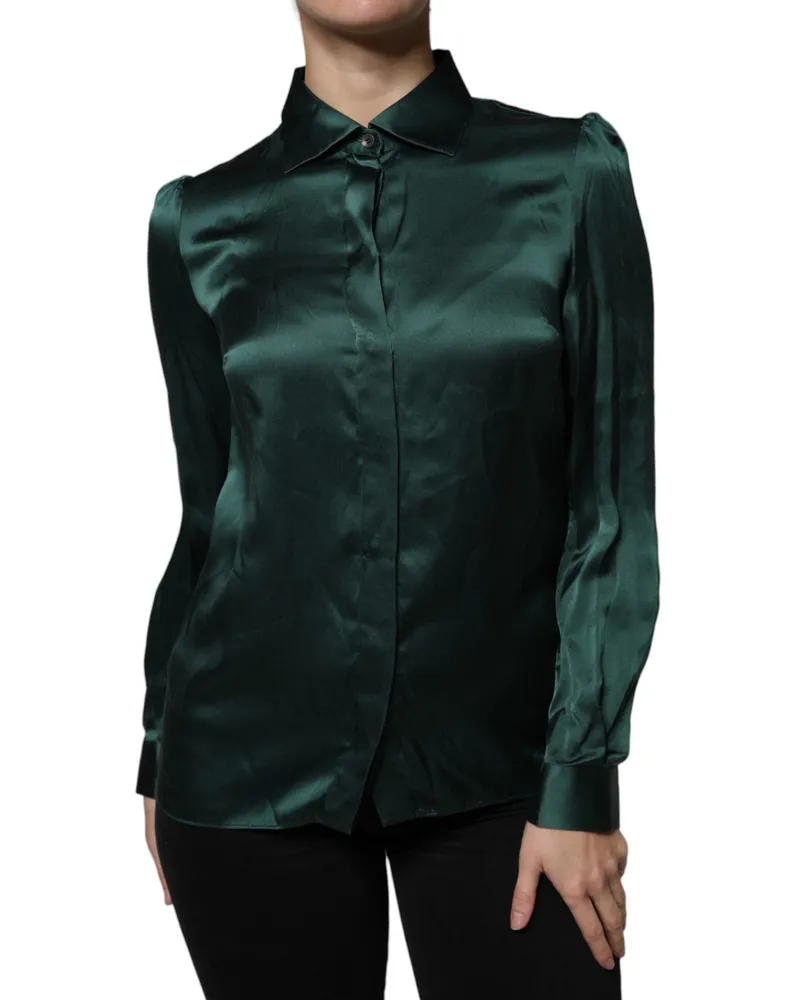 Dolce & Gabbana Women Dark Green Silk Button Down Long Sleeves Blouse Top Green