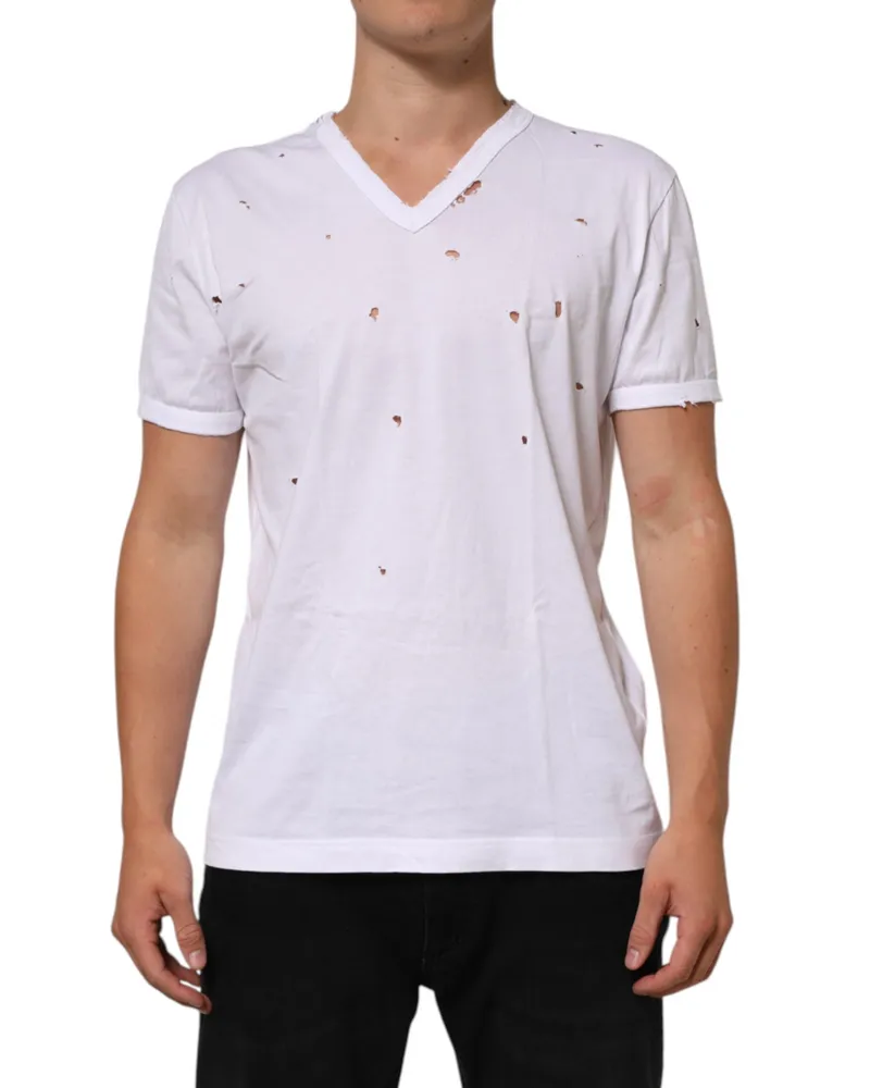 Dolce & Gabbana White Distressed Cotton V Neck Men T-Shirt White