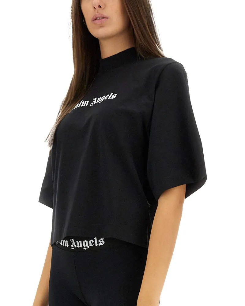 Palm Angels Logo-Print Cotton Cropped T-Shirt — Black Black