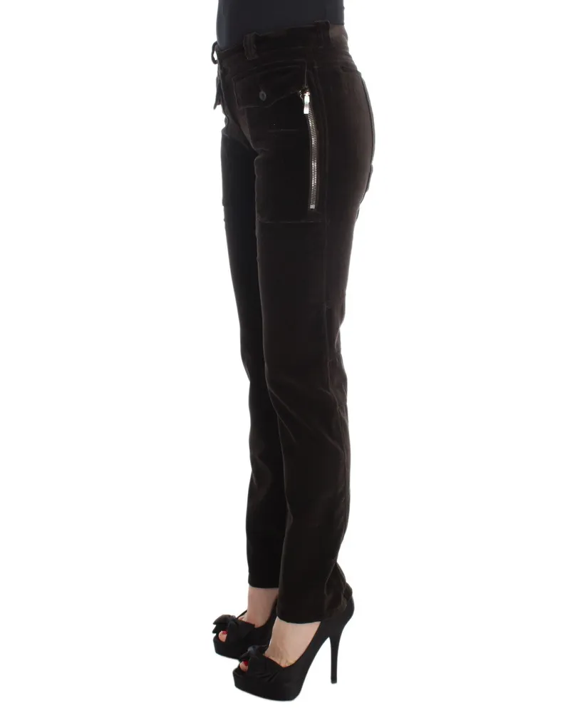 Ermanno Scervino Women Brown Cotton Velvet Zippers Slim Fit Pants Brown