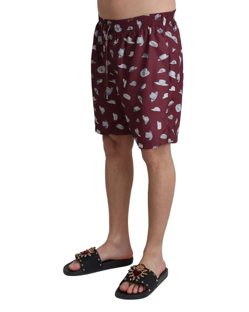 Dolce & Gabbana Men Hat-Print Polyester Swim Shorts Maroon Swimwear Maroon