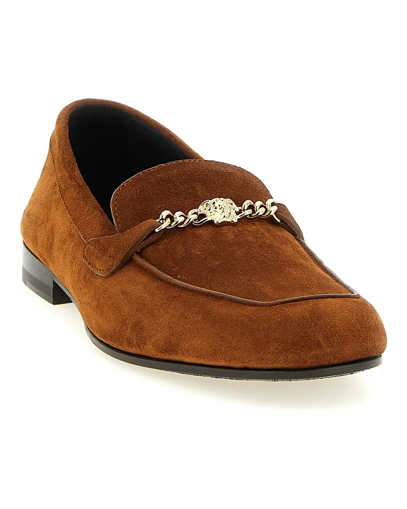 Versace Medusa Chain-Detail Suede Loafer — Brown Brown