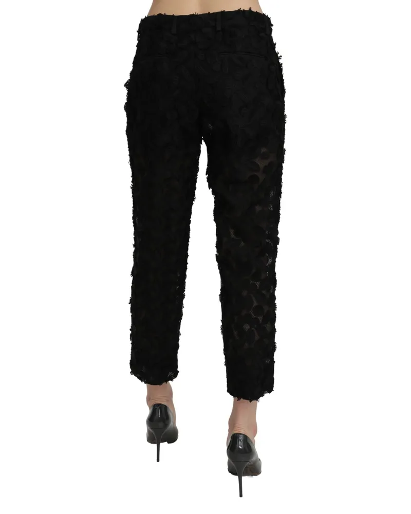 Dolce & Gabbana Women's Black Lace Straight Cropped High Waist Pants Polyester Silk Black
