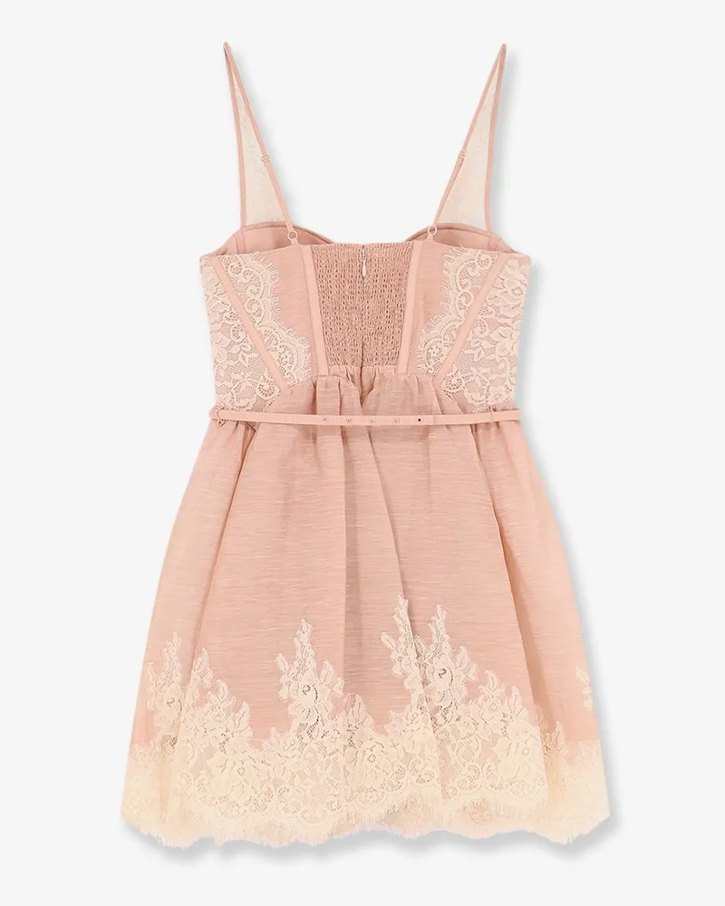 Zimmermann Women's Mini Dress Valiant Lace Trim Pink Linen Pink