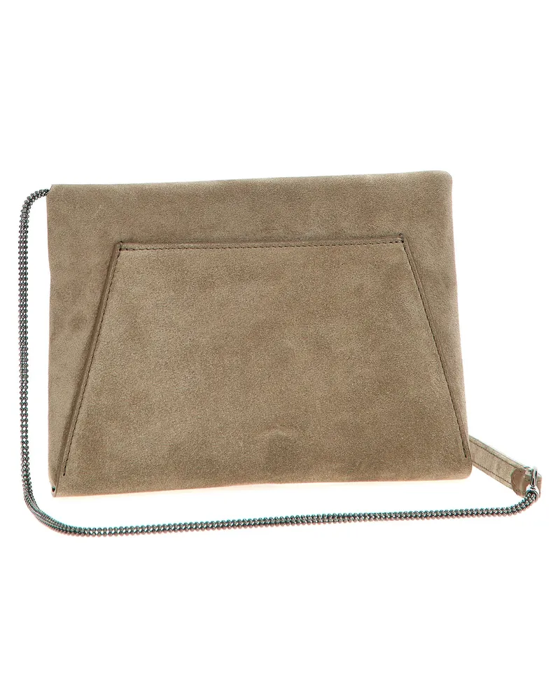 Brunello Cucinelli Women's Embossed Logo Calfskin Clutch Gray Leather Gray