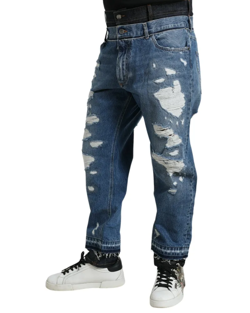 Dolce & Gabbana Blue Tattered Cotton Men Denim Jeans Elastane Clothing Blue