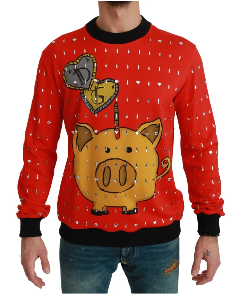Dolce & Gabbana Men's Red Crystal Pig Of The Year Sweater Cotton Clothing Red