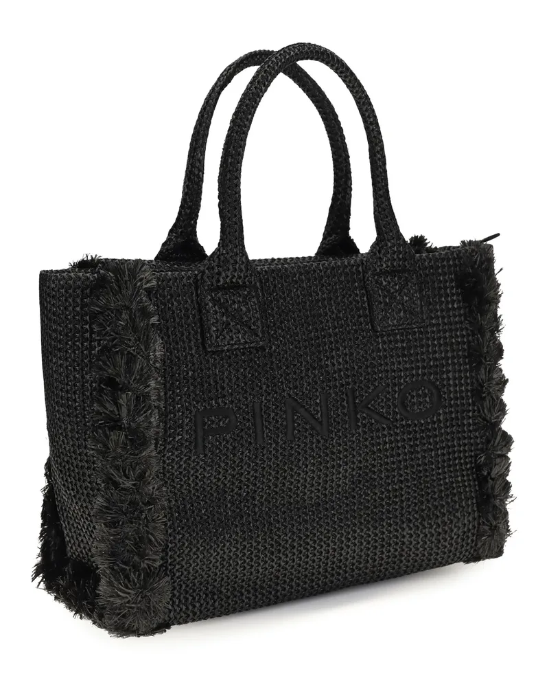 Pinko Raffia with Fringed Details Tote Bag — Black Black