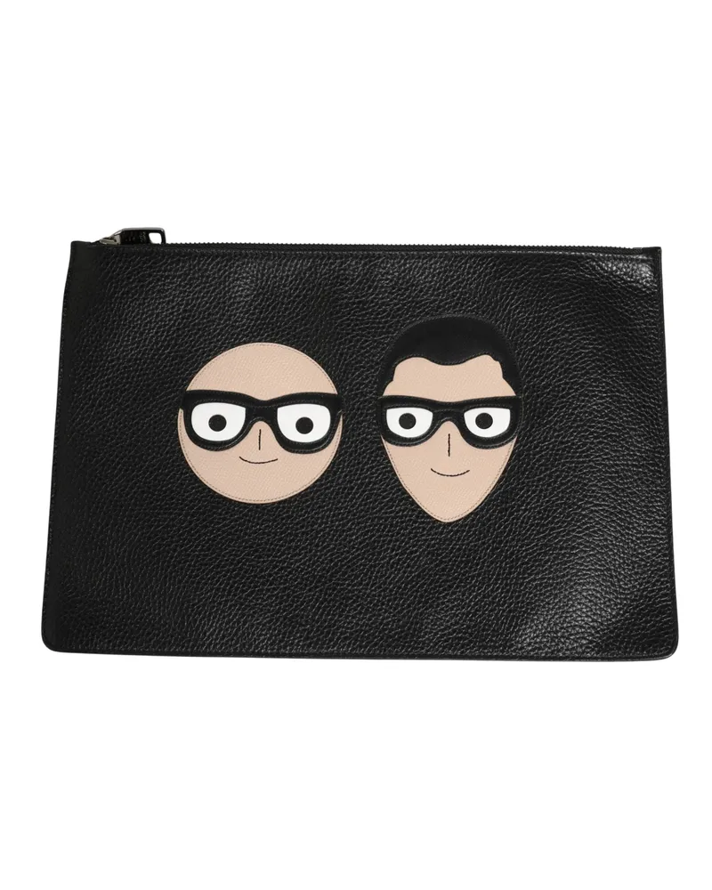 Dolce & Gabbana Logo-Embellished Grained Calf Leather Clutch — Black Black