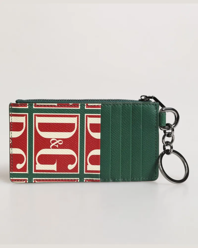 Dolce & Gabbana Men's Green Calf Leather Logo Print Monogram Card Holder Wallet Green