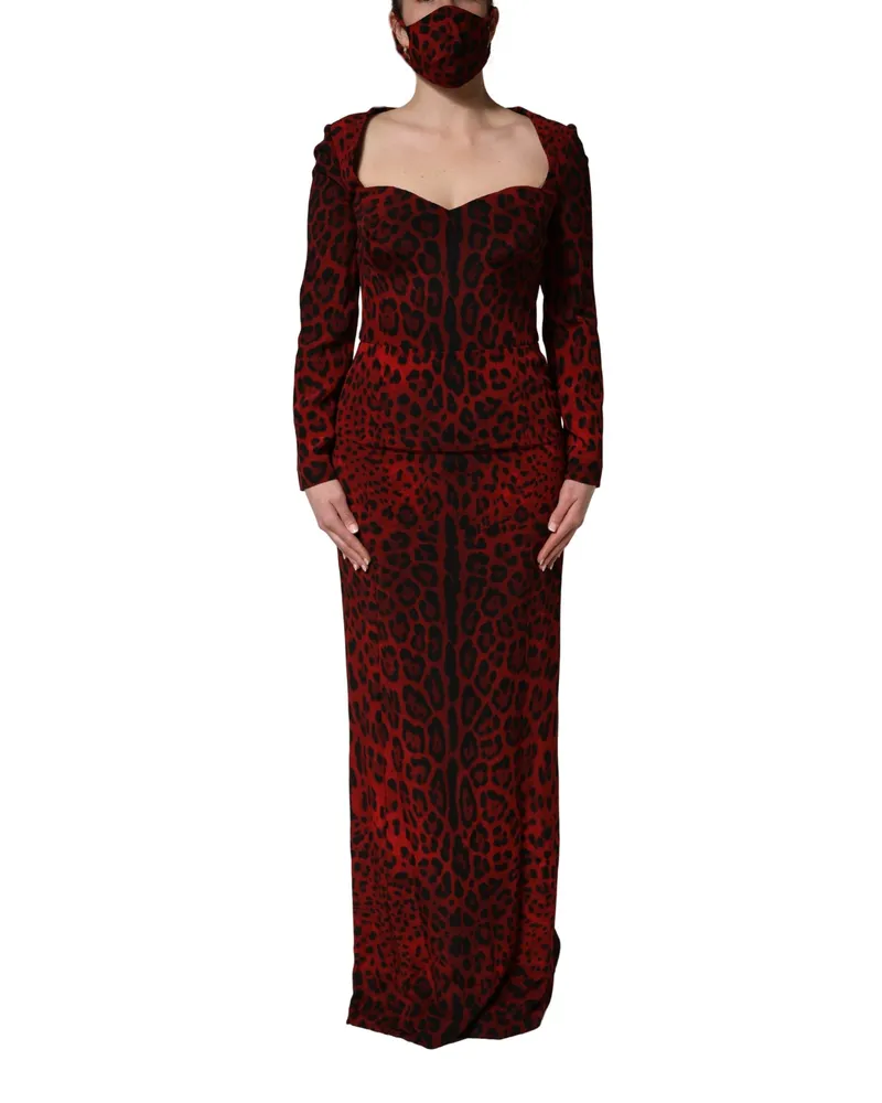Dolce & Gabbana Women's Red Leopard Print Sheath Long Sleeve Dress Silk Red