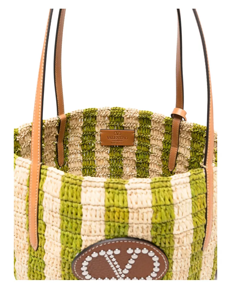 Valentino Garavani Striped Straw Tote Bag — Green Green