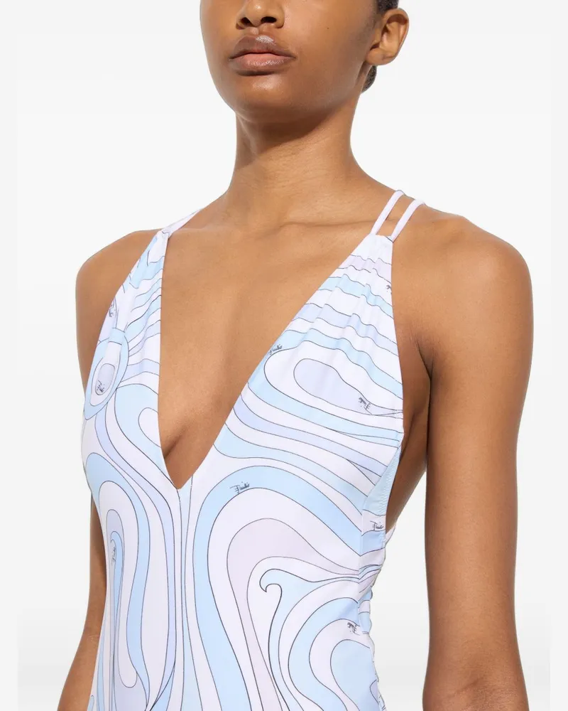 Emilio Pucci Deep V-Neck One-Piece Swimsuit — Light Blue Light