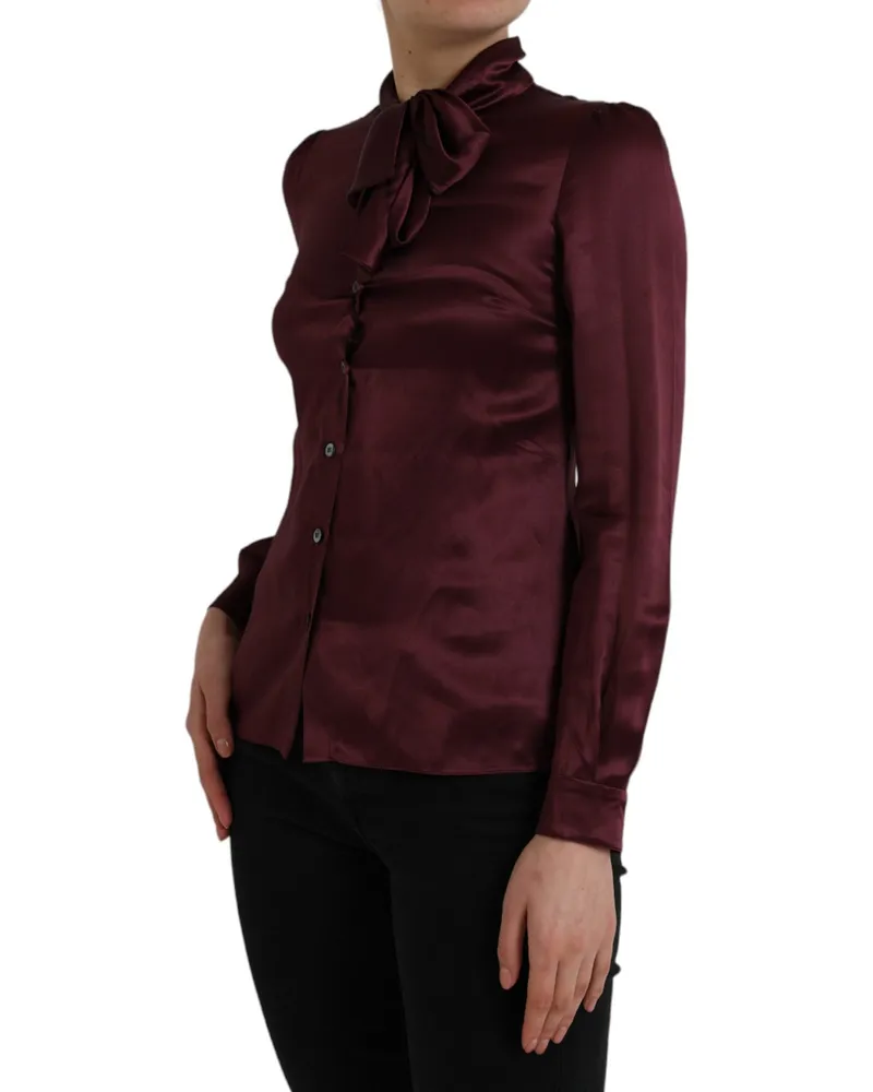 Dolce & Gabbana Women's Maroon Ascot Collar Long Sleeve Top Blouse Silk Maroon