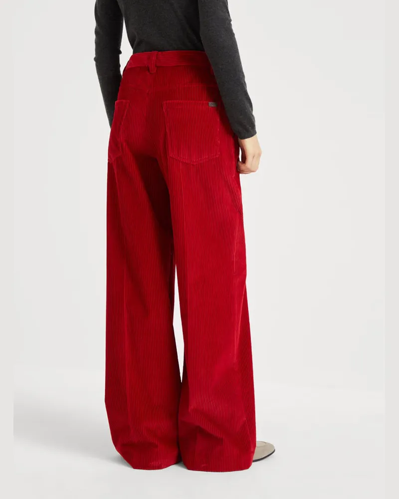 Brunello Cucinelli High-Rise Ribbed Velvet Trousers — Red Red
