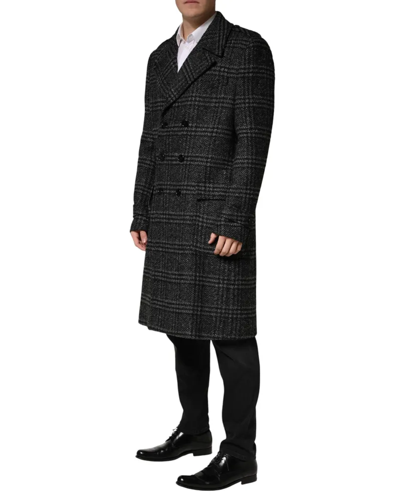 Dolce & Gabbana Double-Breasted Plaid Wool Coat — Gray Gray