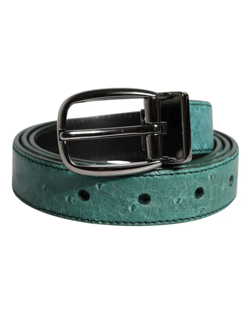 Dolce & Gabbana Men's Green Leather Silver Tone Metal Buckle Belt Green