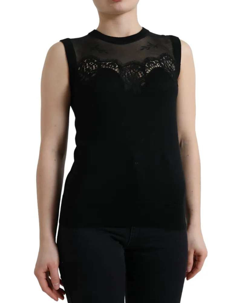 Dolce & Gabbana Women's Black Cashmere Lace Trim Sleeveless Tank Top Black