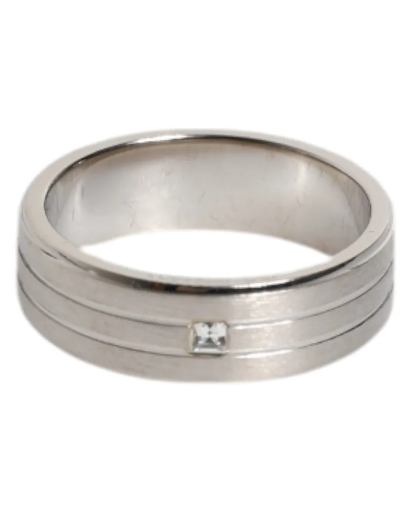 Dolce & Gabbana Men's Silver Tone Brass Clear Crystal Dg Logo Ring Real Natural Gem Silver