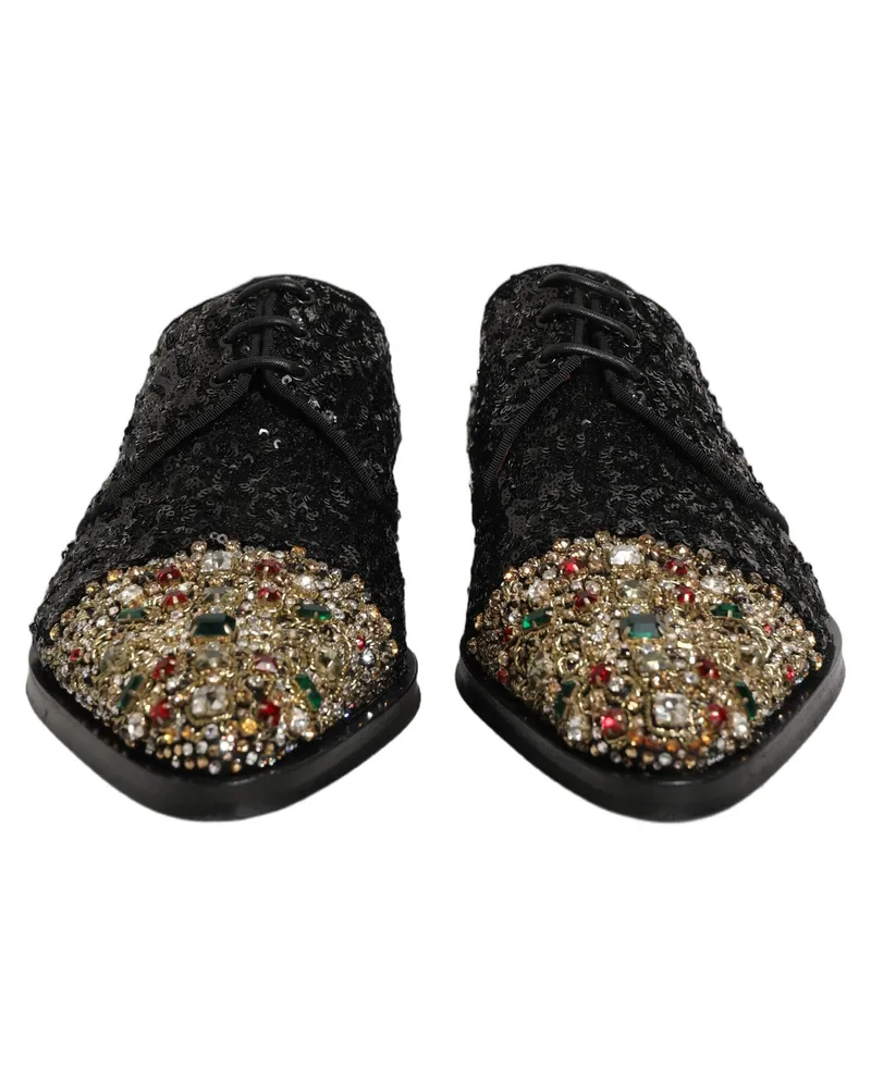 Dolce & Gabbana Black Sequin Embellished Men Derby Dress Shoes Leather Black