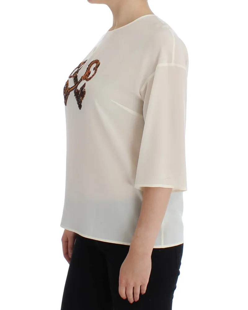 Dolce & Gabbana Women's White Sequined Key Silk Blouse T-Shirt Top White