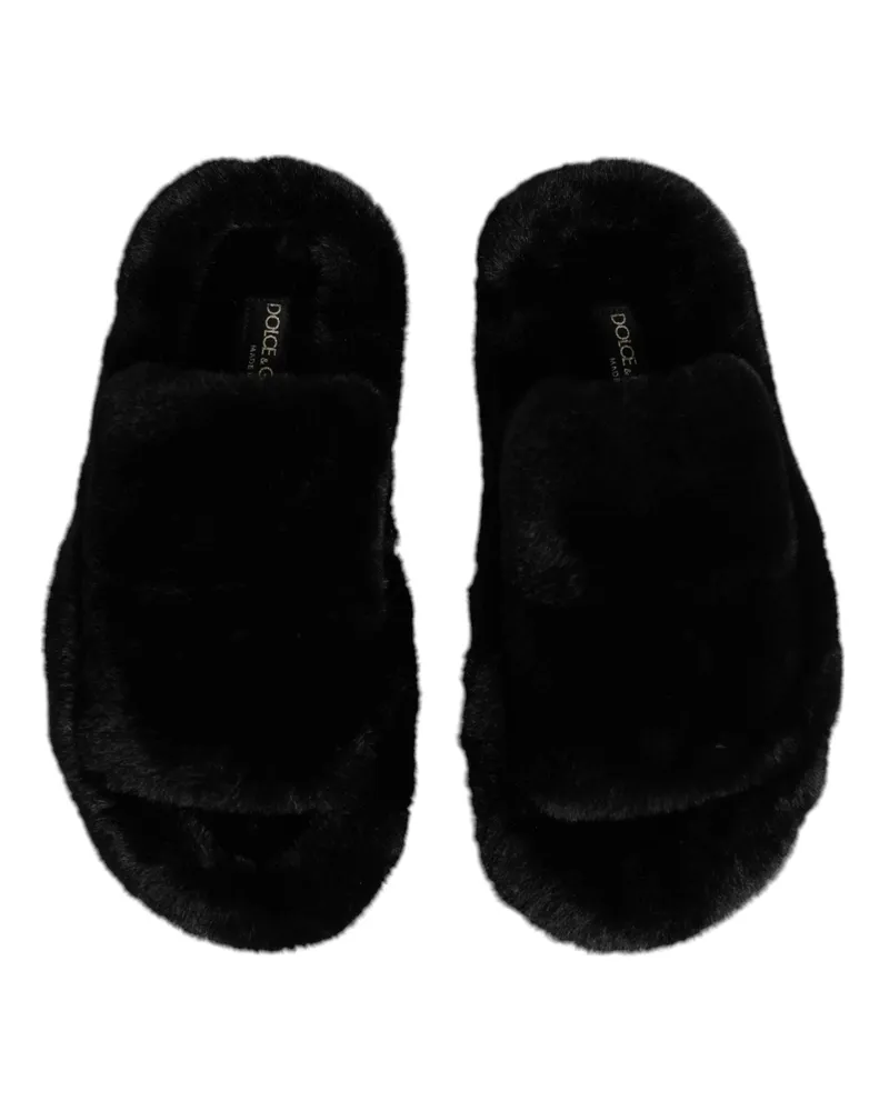 Dolce & Gabbana Men's Black Polyester Velvet Slides Slipper Shoes Black