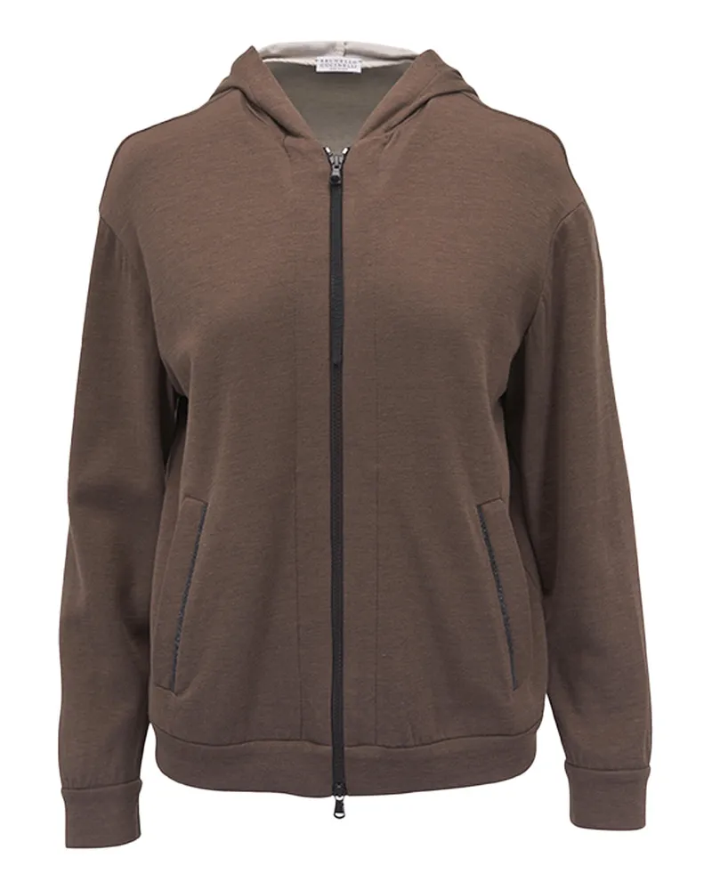 Brunello Cucinelli Two-Way Zip Hooded Sweatshirt — Brown Brown