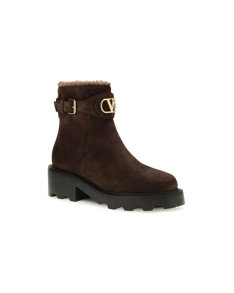 Valentino Garavani Women's Brown Calf Leather Bos Taurus Ankle Boots Brown