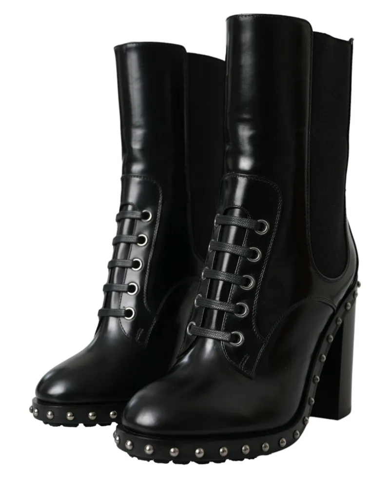 Dolce & Gabbana Women's Black Leather Studded Lace Up Boots Shoes Black