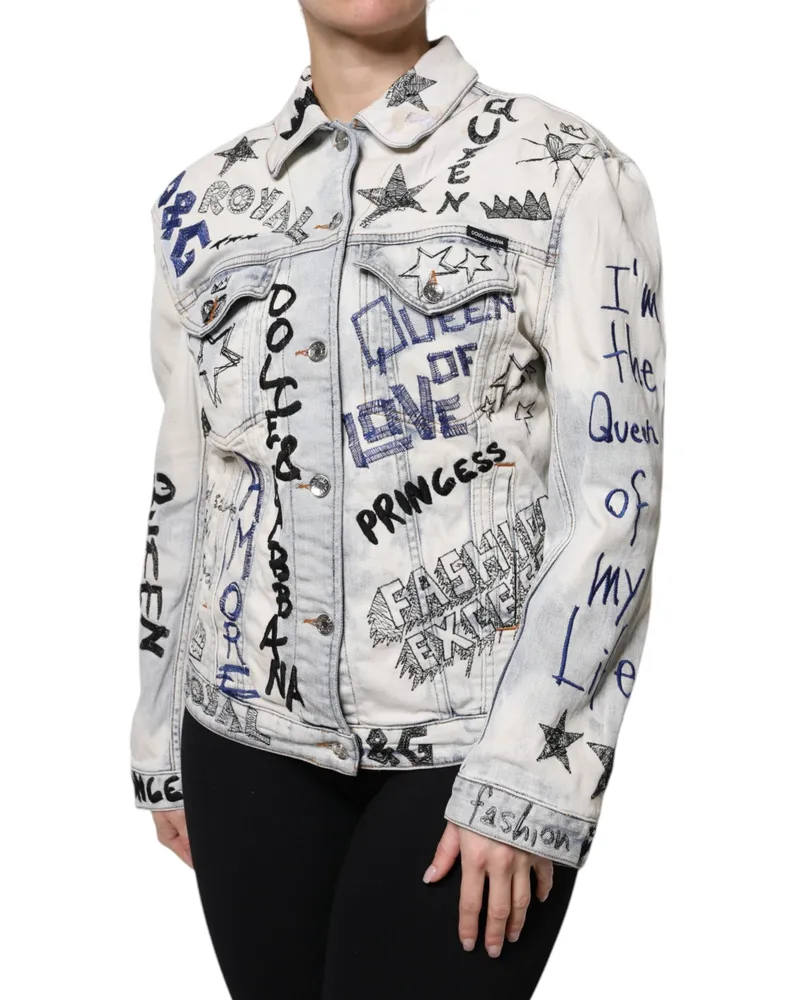 Dolce & Gabbana Women Light Blue Graffiti Button Down Denim Jacket Cotton Elastane Clothing Blue