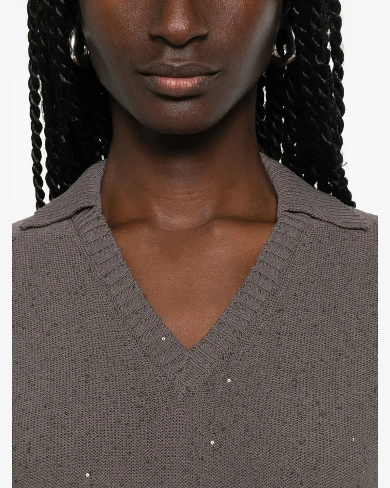 PANICALE Cashmere Women's Sequin-Embellished V-Neck T-Shirt Ss26 W Brown