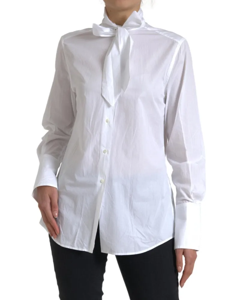 Dolce & Gabbana Women's White Cotton Ascot Collar Long Sleeves Top White