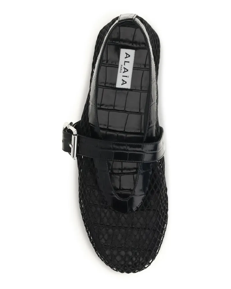 Alaïa Mesh and Crocodile-Print Leather Ballerina Flat — Black Black