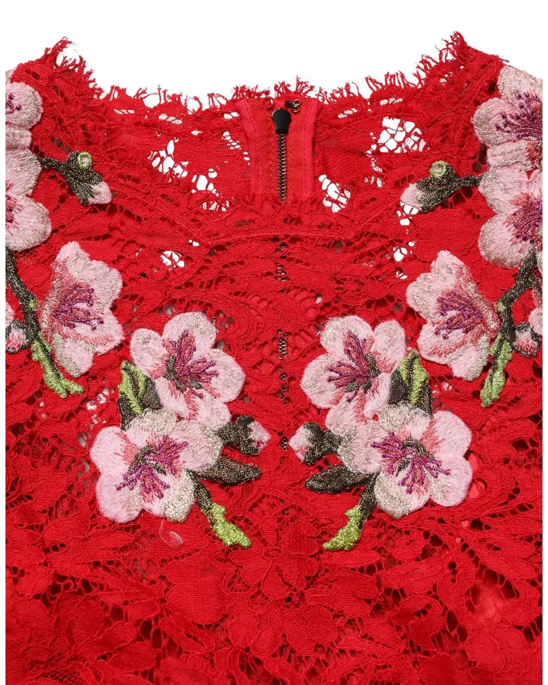 Dolce & Gabbana Women's Red Lace Floral Embroidery Long Sleeves Top Cotton Viscose Nylon Red