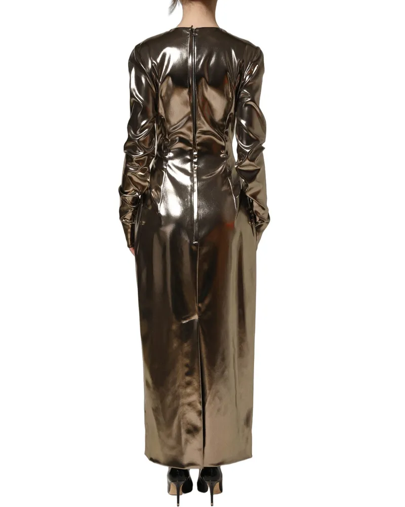 Dolce & Gabbana Women Metallic Gold Polyester Longsleeve Maxi Dress Silk Cotton Lurex Gold