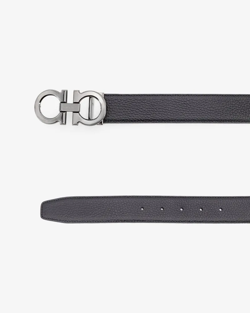 Ferragamo Men's Reversible Hammered Leather Belt Black Black