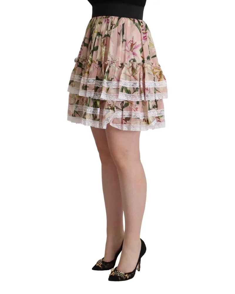 Dolce & Gabbana Women's Pink Lily Print Silk Mini Tiered A-Line Skirt Cotton Nylon Pink