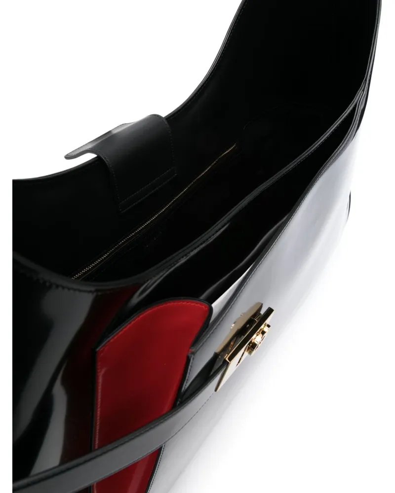 Ferragamo Patent Leather with Red Contrast Panel Shoulder Bag — Black Black