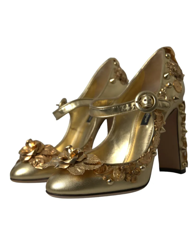 Dolce & Gabbana Women's Gold Leather Crystal Mary Janes Pumps Shoes Gold