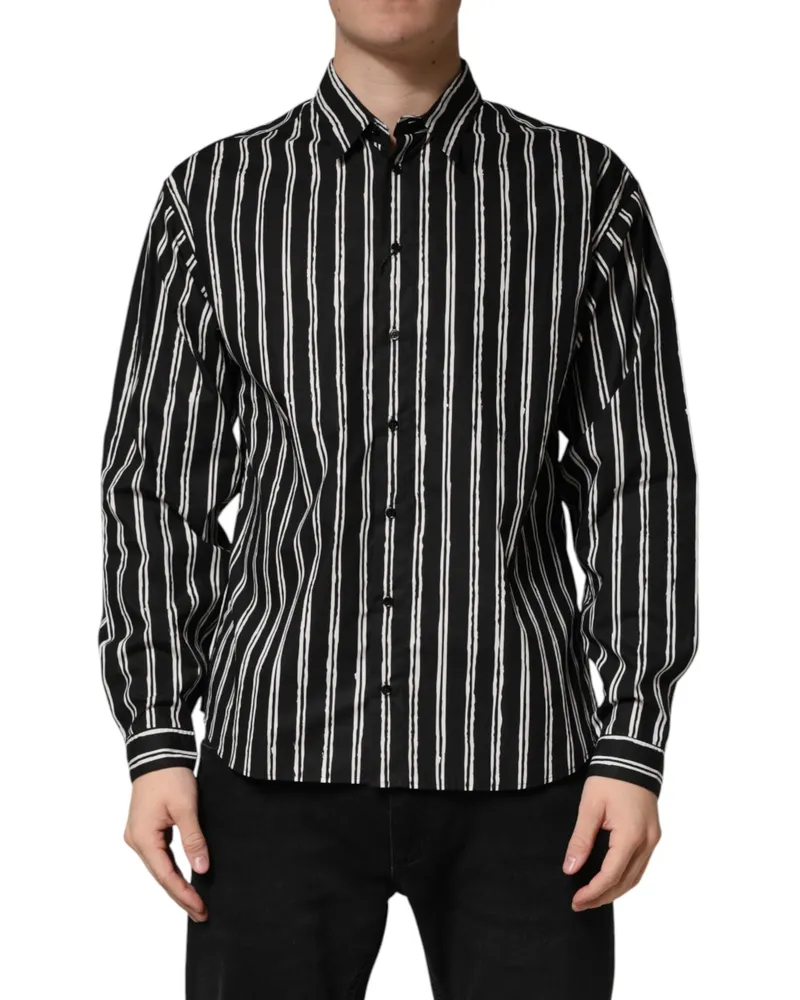 Dolce & Gabbana Black Stripes Cotton Men Formal Dress Shirt Black